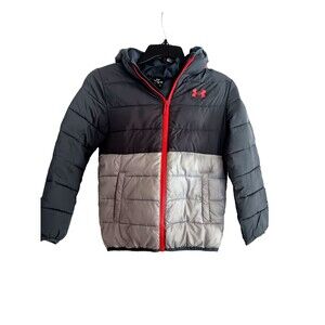 Under Armour Jacket Youth Small Two Tone Gray/Red Hooded Puffer Parka
